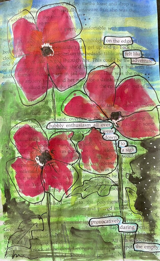 Poppy painting on a book page, found poetry art