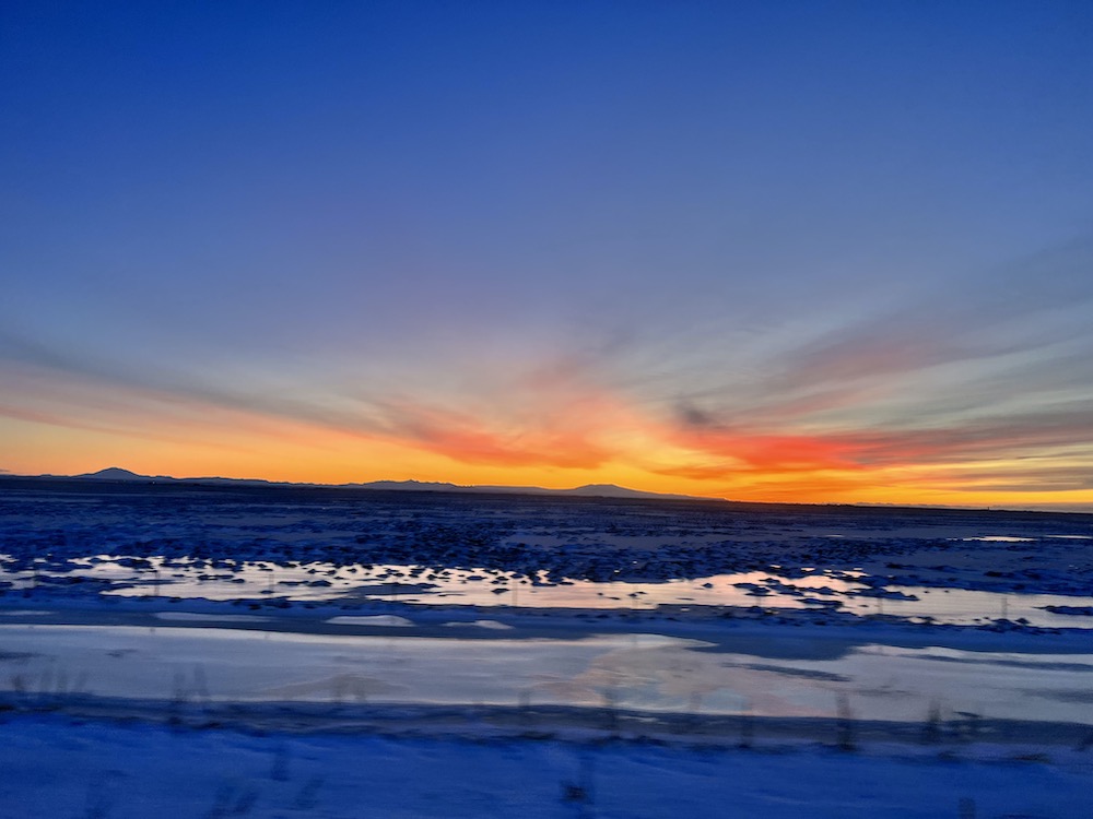 sunset over Arborg, Iceland