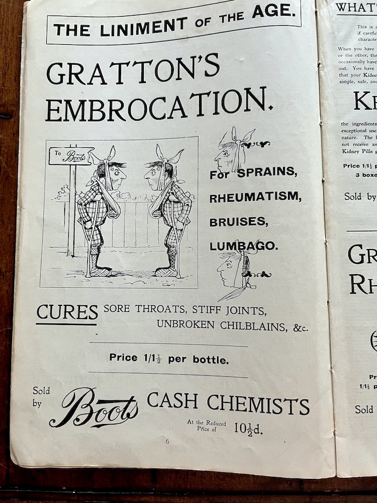 An advert about Grattons Embrocation for sprains and rheumatism