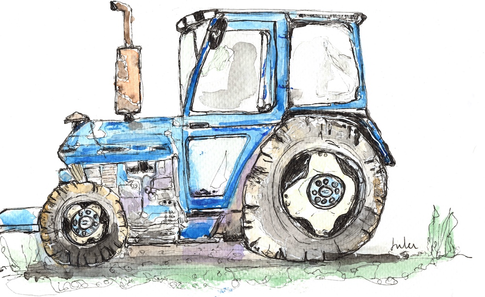 Blue tractor - line and wash picture - Jules Smith