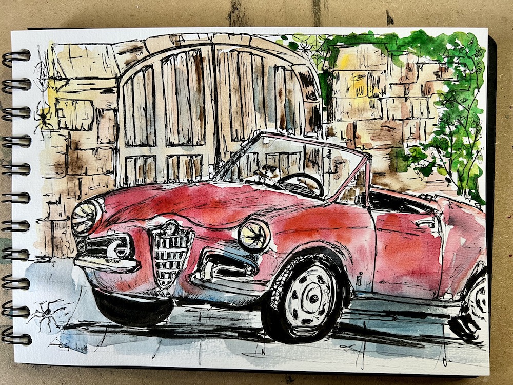 line and wash drawing of an Alpha Romeo Spider sports car