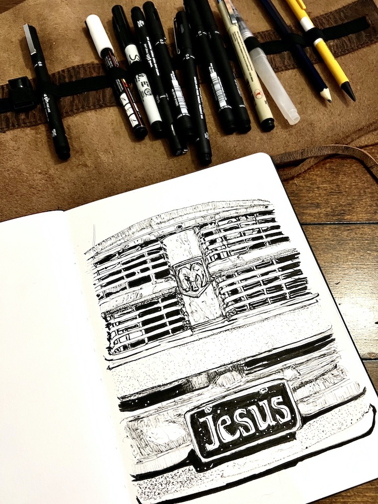 sketch book ink drawing of a pick up truck grill