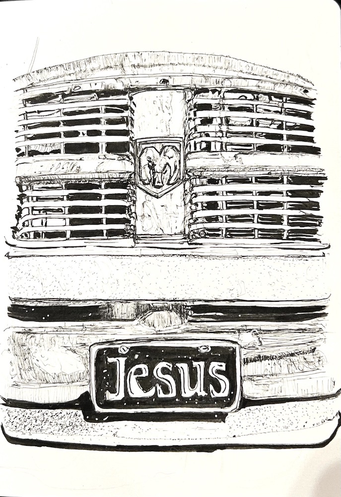 ink drawing of a Dodge Ram truck with unusual number plate
