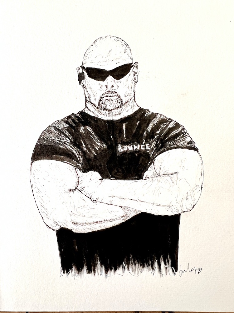 Pen drawing of a bouncer or doorman 