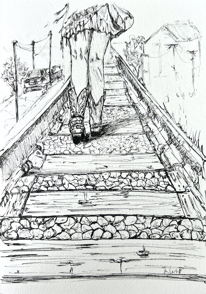 pen drawing of a girl in cowboy boots walking along a railway track