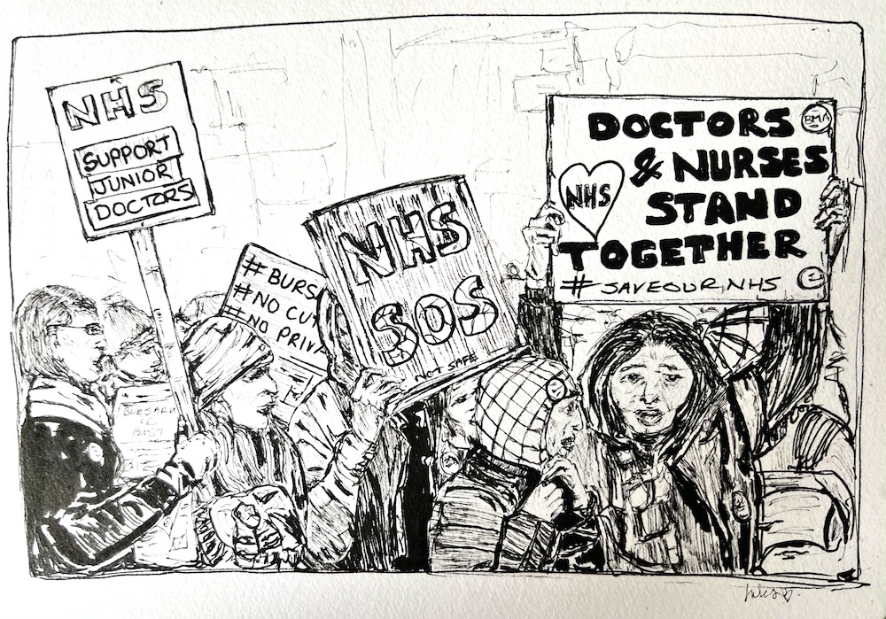 ink drawing of nurses and consultants striking for junior doctors in the NHS, UK