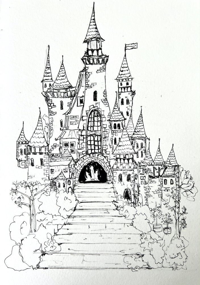 pen drawing of a fairytale castle