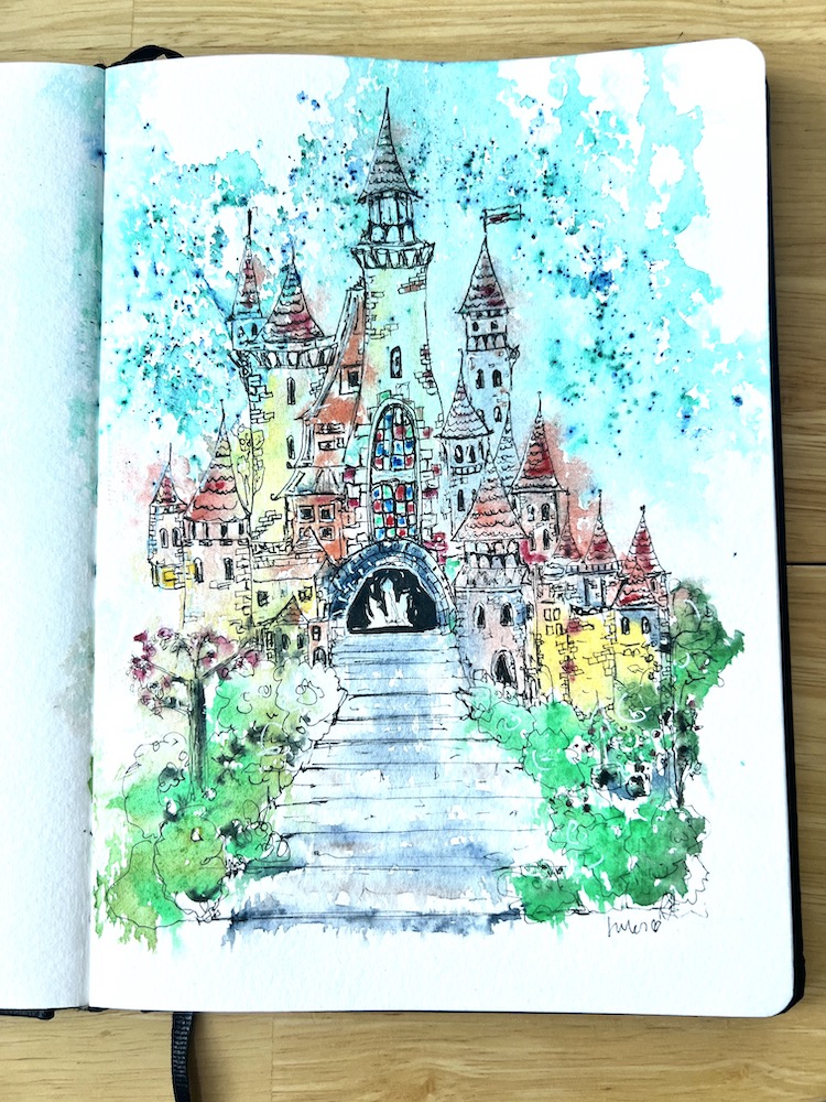 a watercolour of a magical fairytale castle
