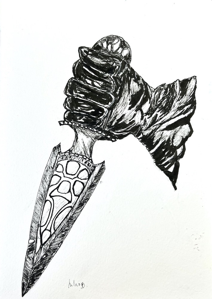pen and ink drawing of a hand holding a dagger