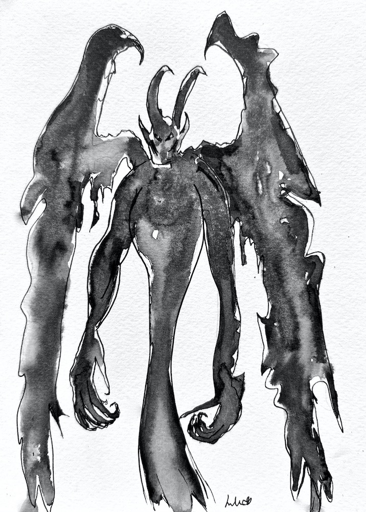 an ink drawing of a demon