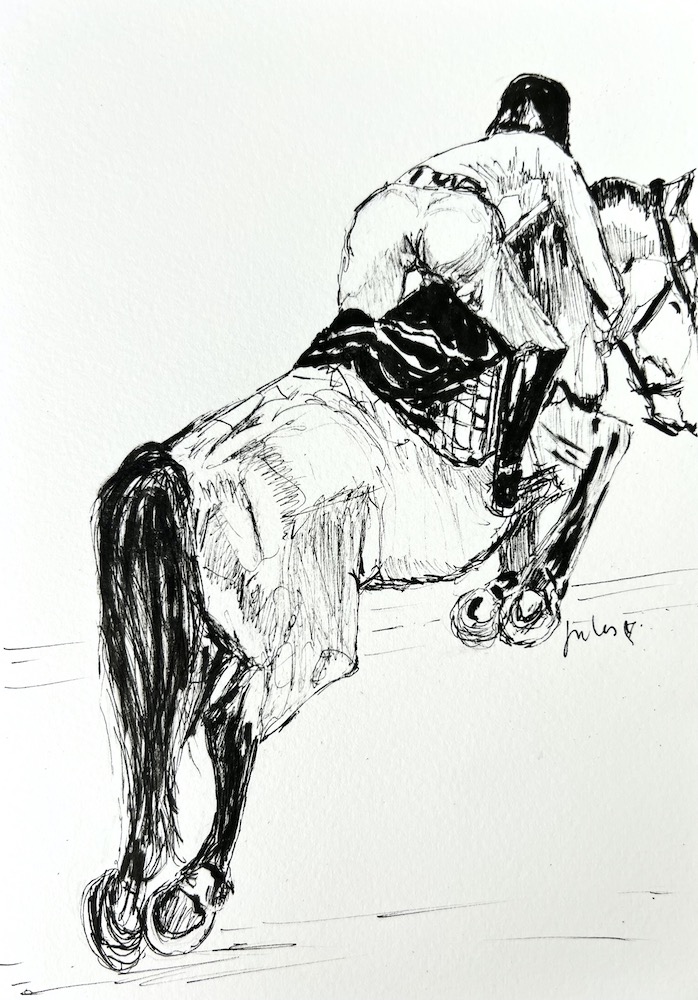 a pen drawing of a horse and jockey jumping over a fence in a horse race