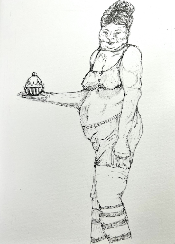 Pen and ink drawing of a plump lady holding a cake