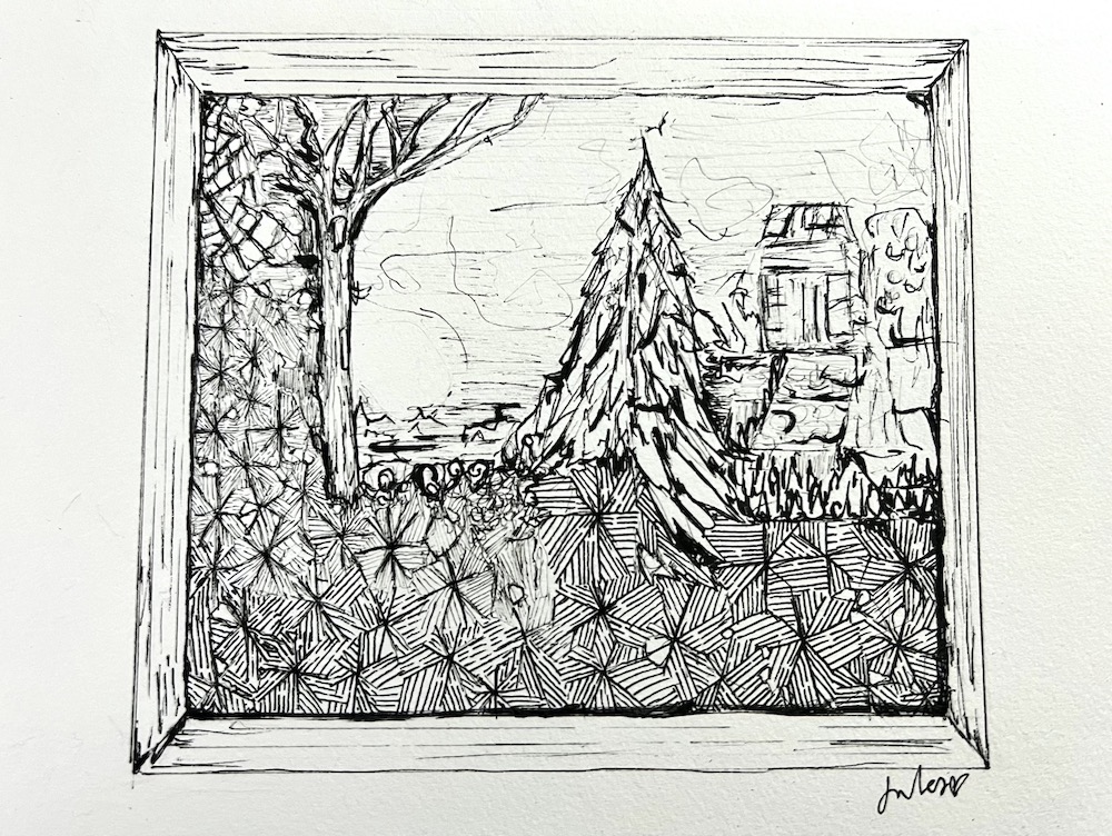 a frosty view through a window drawn in pen and ink