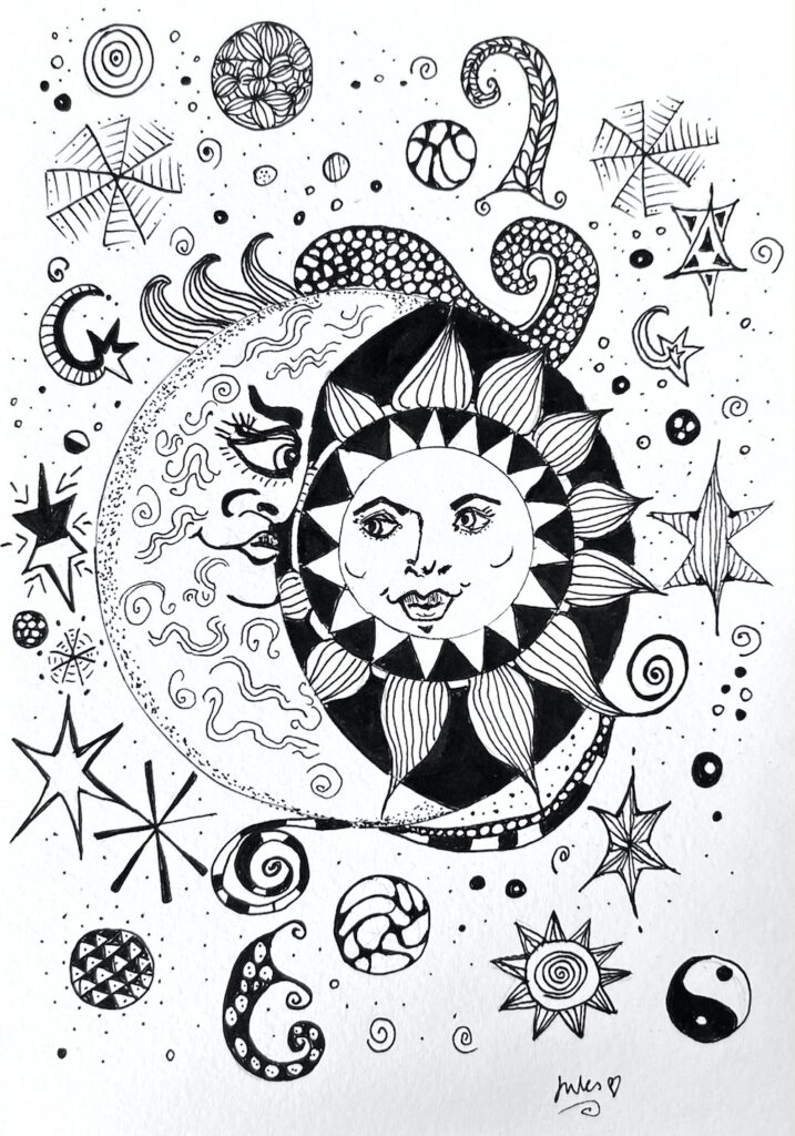 an ink and pen drawing of the sun and the moon, yin and yang, celestial beings