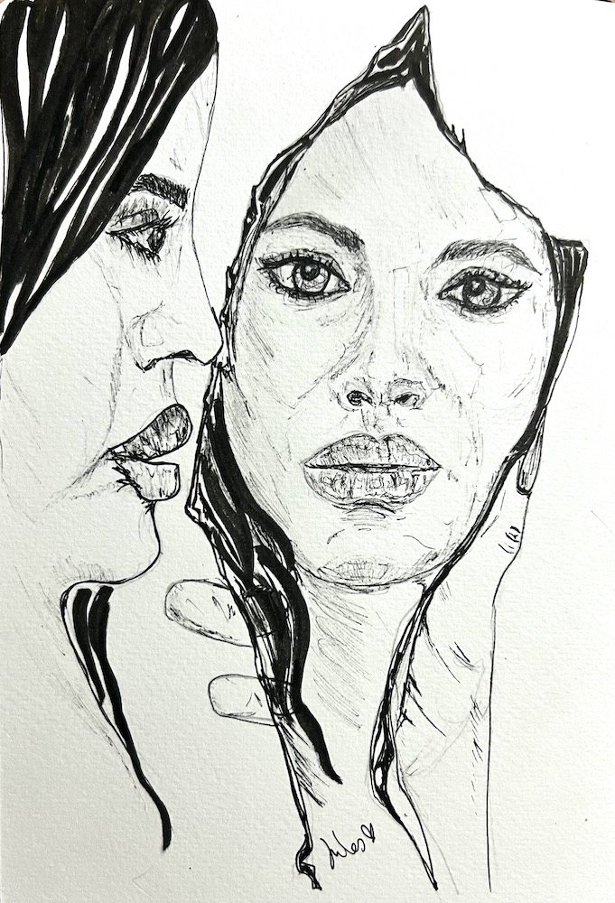 a pen and ink drawing of a girl looking into a mirror