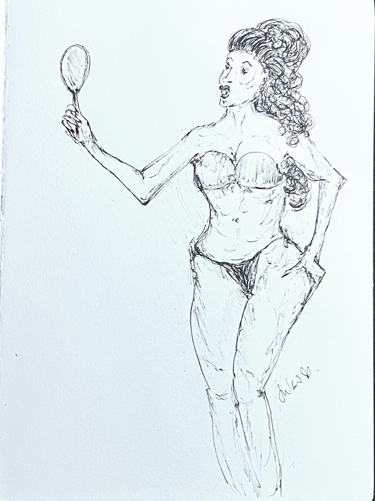 pen drawing of a woman looking into a hand mirror 