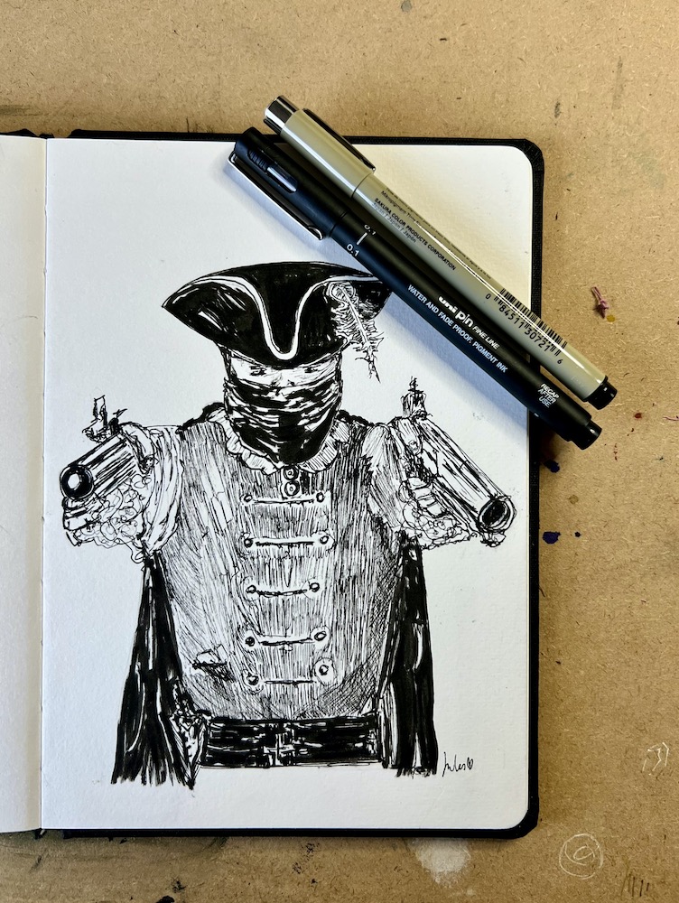 a sketch and fine liner drawing of a highwayman in a sketchbook