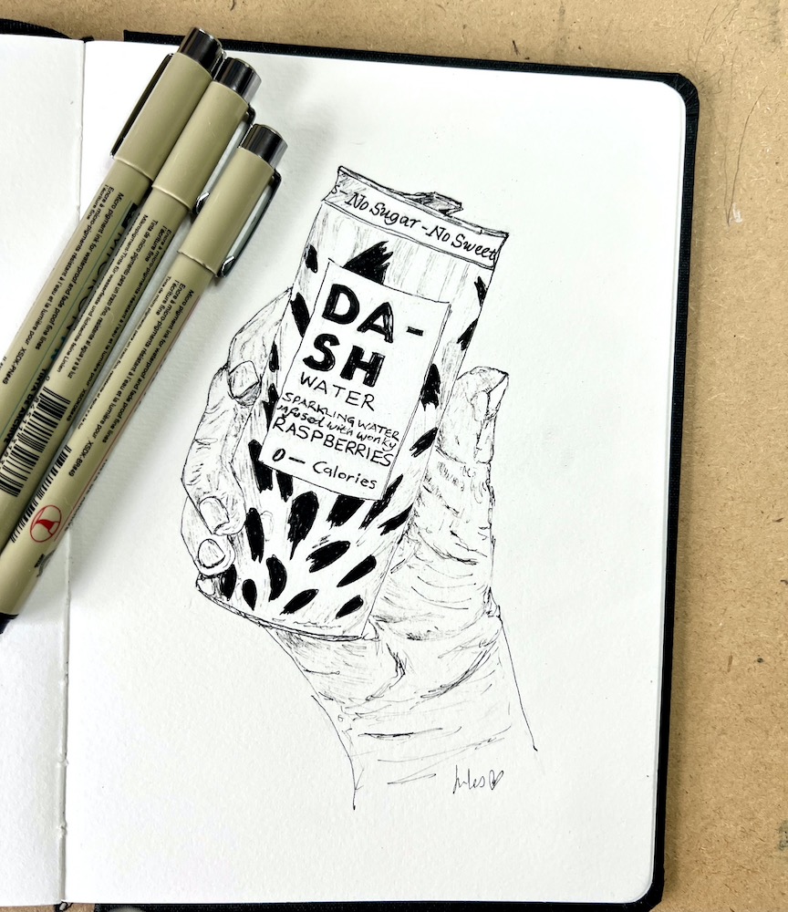 a sketchbook drawing with fine liners of a can of Dash water