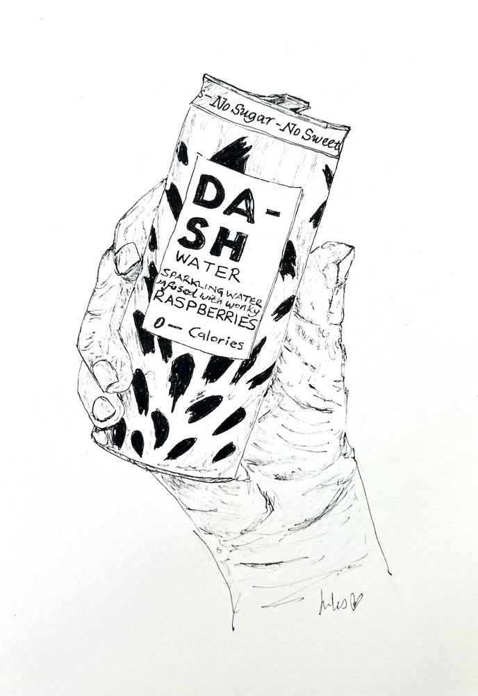 A drawing in pen of a can of Dash sparkling water with raspberries