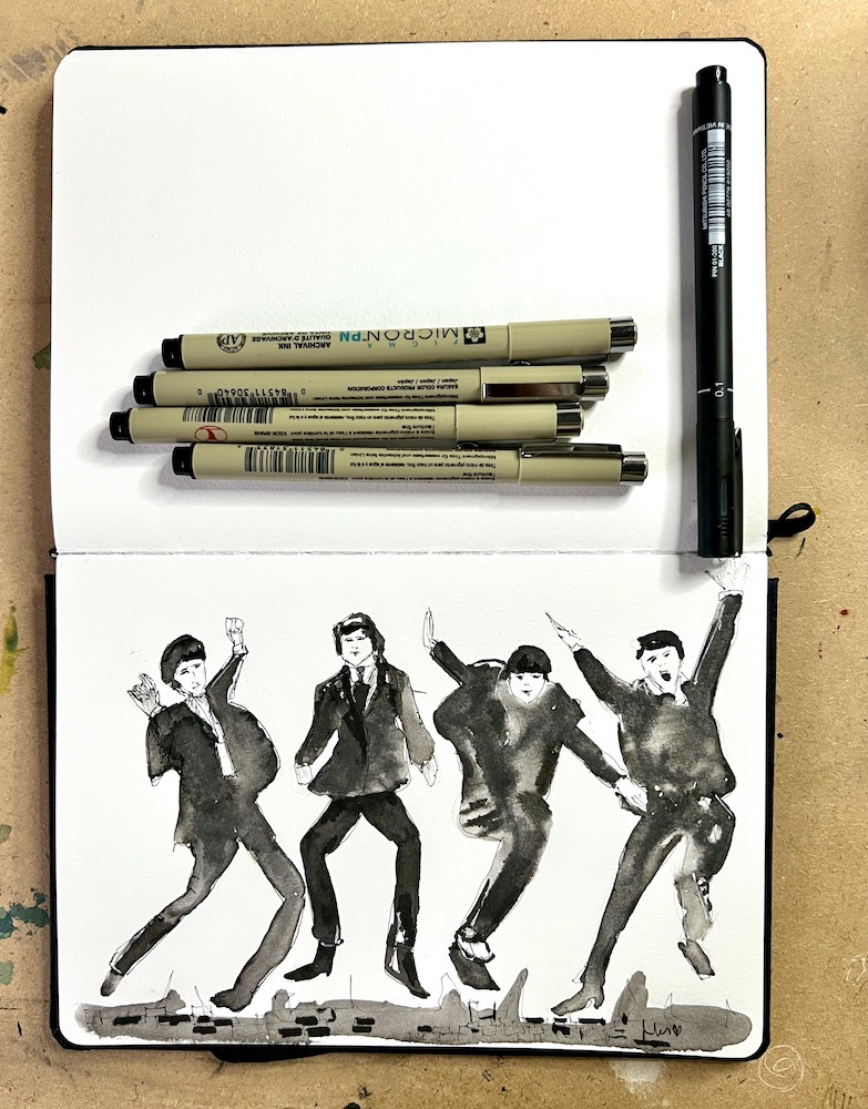 sketchbook, fine liners, and ink drawing of The Beatles