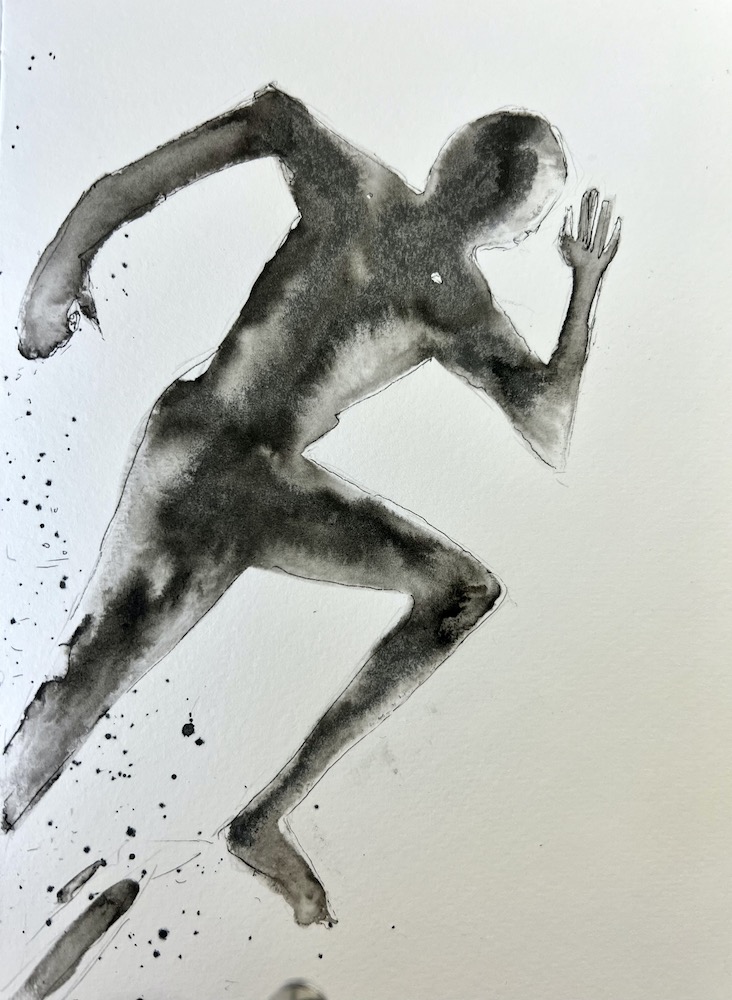 Ink drawing of a person in a rush or running fast