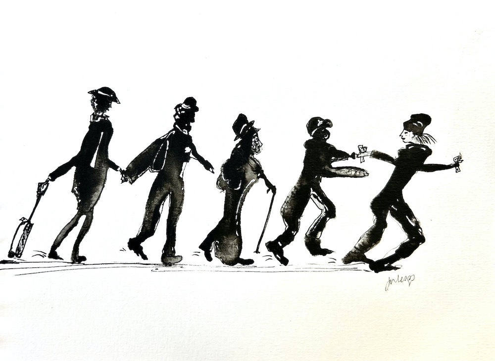an ink drawing of a group of people walking in a line