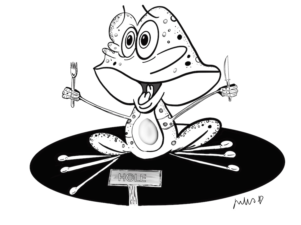 drawing of a toad with a knife and fork sitting in a hole - toad in the hole
