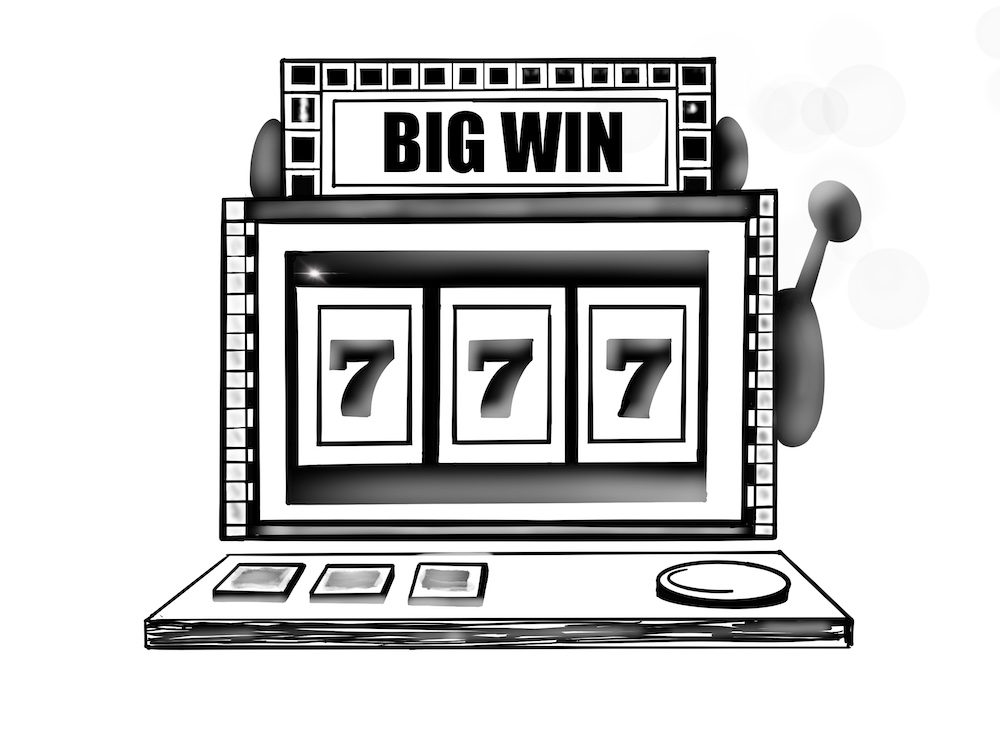 a digital black and white drawing of a lucky seven fruit machine