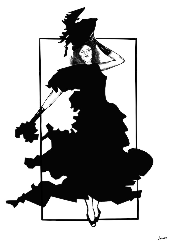an ink drawing of a woman dressed in a map of the UK
