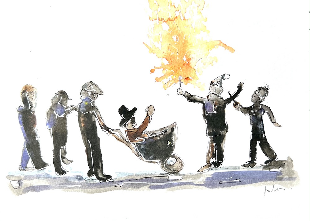 An ink and watercolour picture of Bonfire night in the UK and a Guy Fawkes effigy being wheeled in a barrow - art by Jules Smith