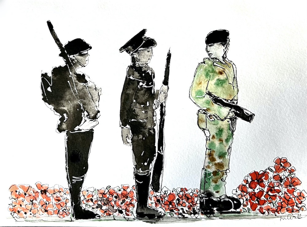A watercolour and ink illustration of three soldiers from different wars to commemorate Remembrance Sunday in the UK
