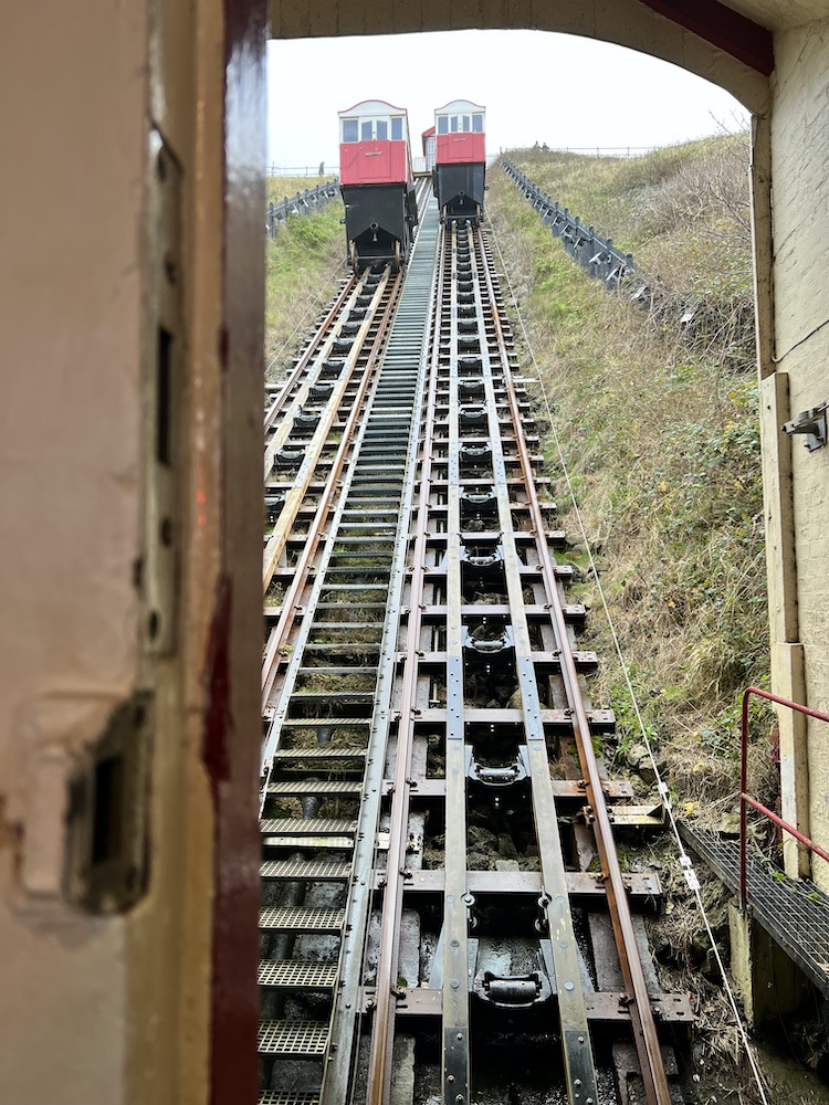 The Funicular carriage moving up the tracks in Saltburn