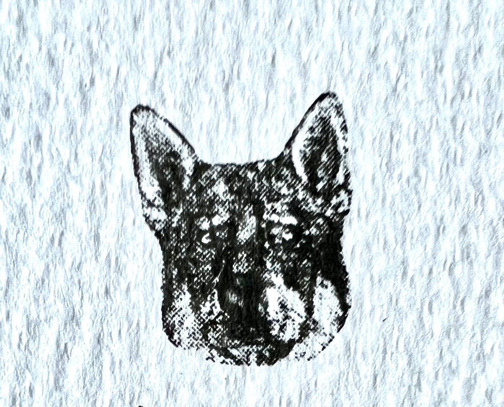 black and white stamp print of a wolf dog