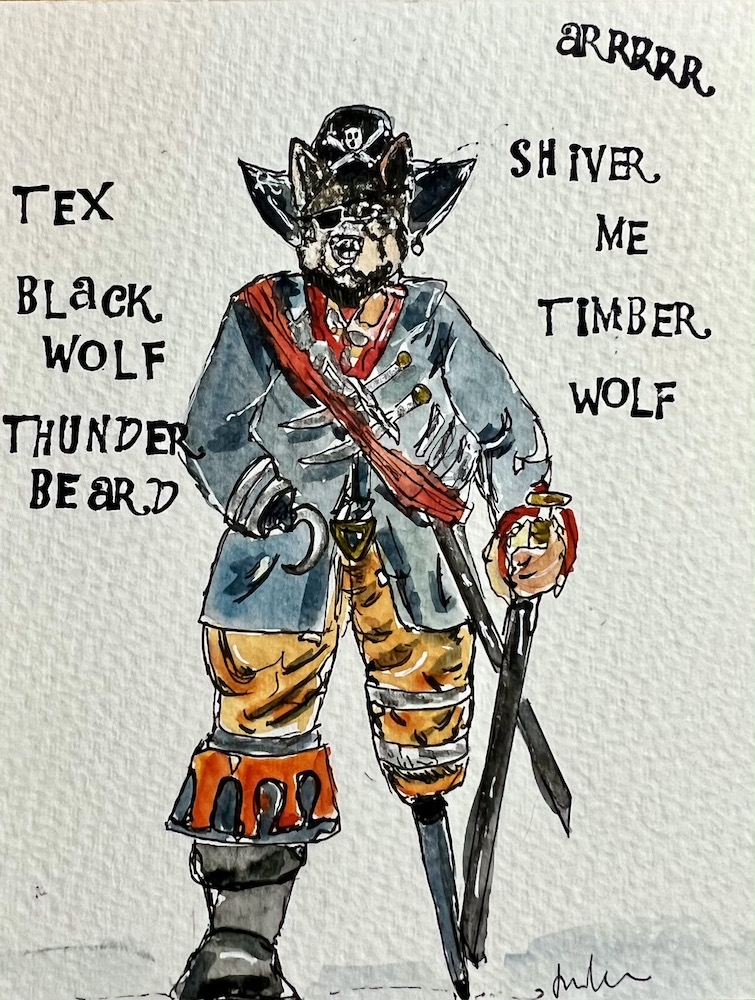 Tex The Lone Wolf Timber dog as a pirate in watercolour line and wash by Jules Smith