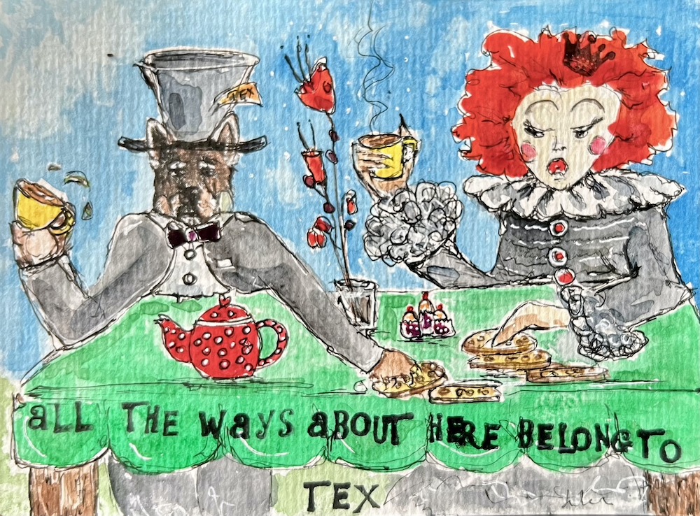 Illustration of the Red Queen and Tex the wolf having tea and crumpets at the Mad Hatters's table - art by Jules Smith