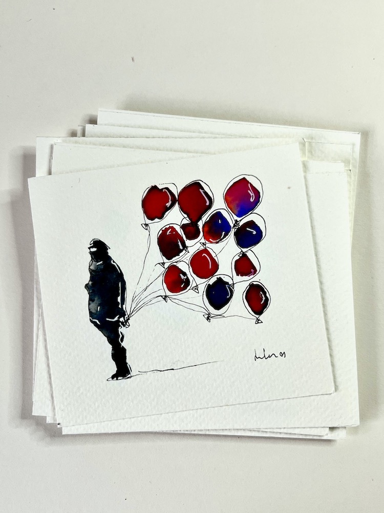 a watercolour painting of a figure holding red balloons. Abstract, loose style