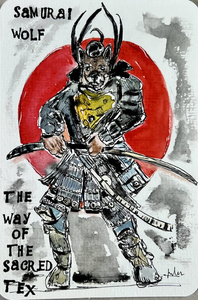 A dog dressed as a Samurai warrior