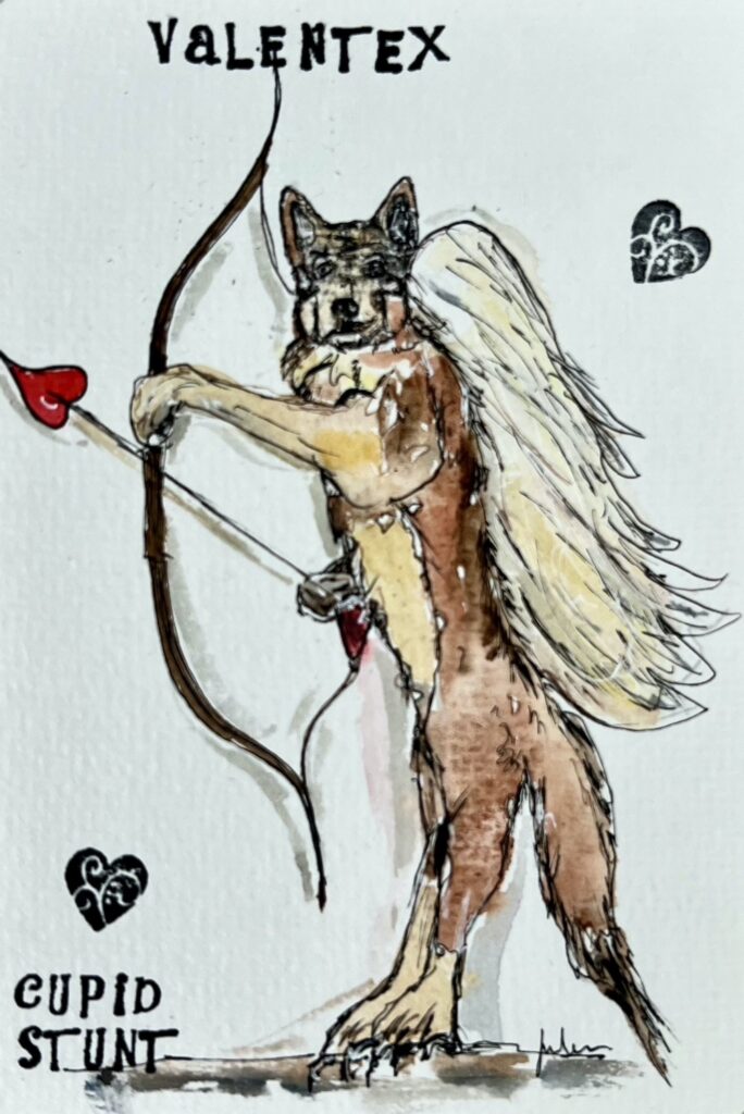 Tex the lone wolf Timber dog getting dressed up as cupid. 