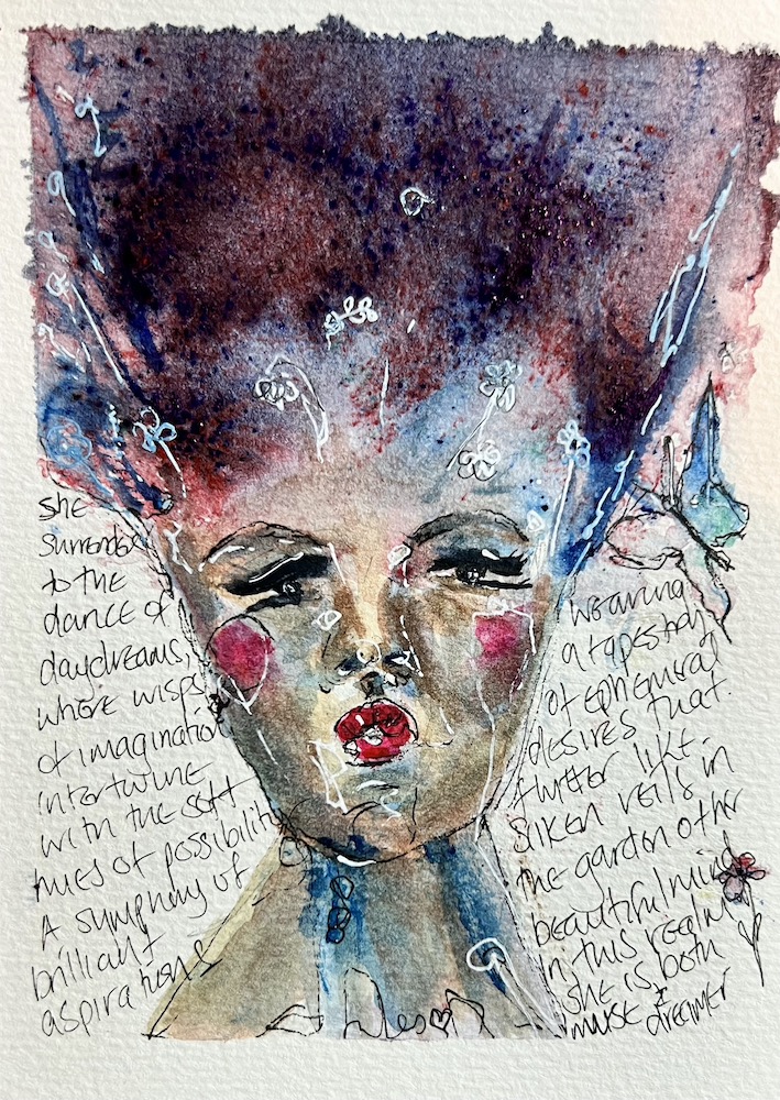 A watercolour and ink painting of a female portrait. Daydreaming and ethereal abstract.