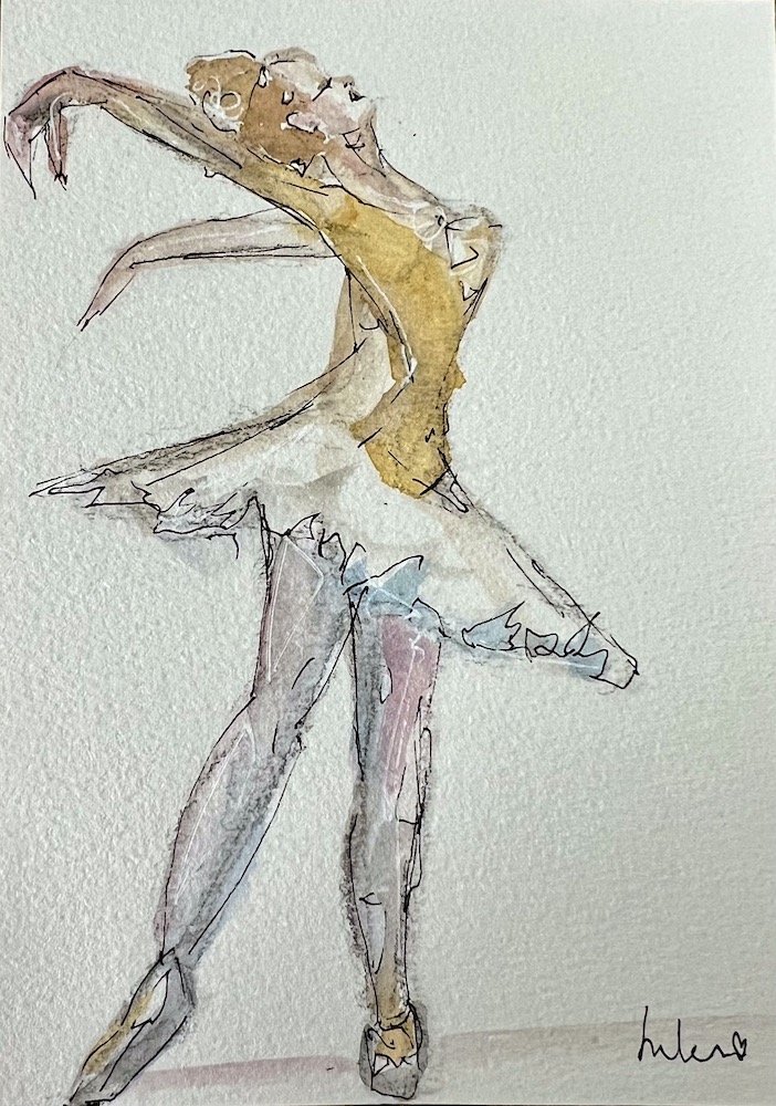 line and wash art of a ballerina dancing. Art by Jules Smith