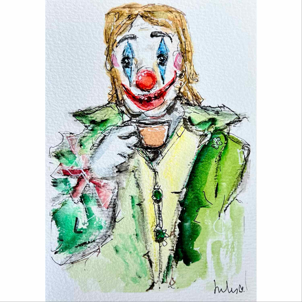 watercolour painting of a clown drinking a cup of tea. Art by Jules Smith