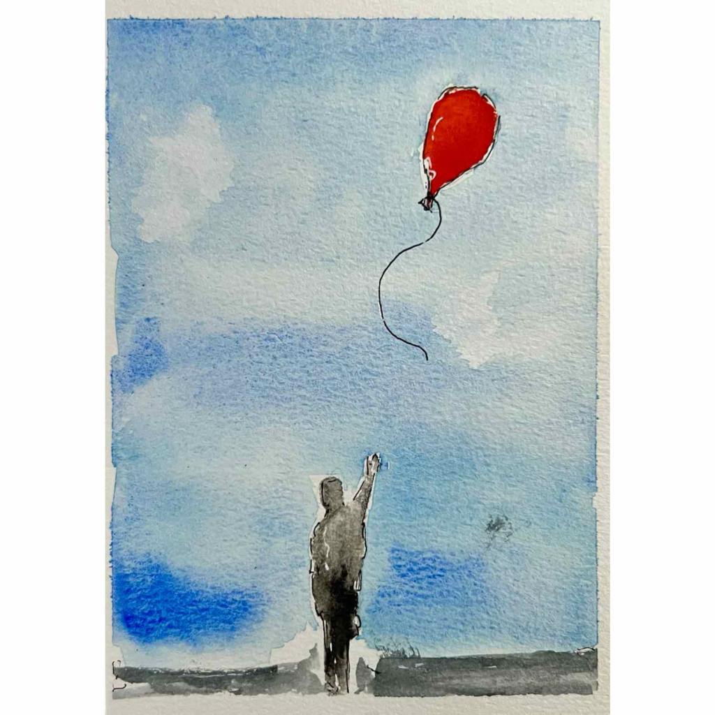 solitary figure releasing a balloon into the sky. Simple watercolour painting. Art by Jules Smith