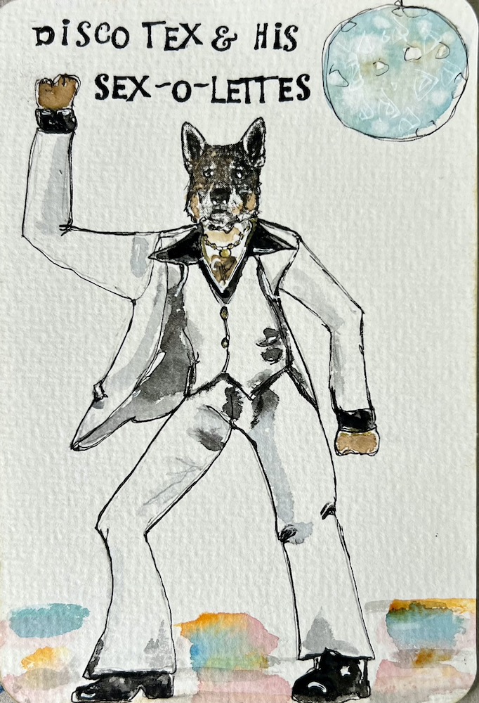 wolf dressed in a 1970's disco outfit - line and wash art by Jules Smith