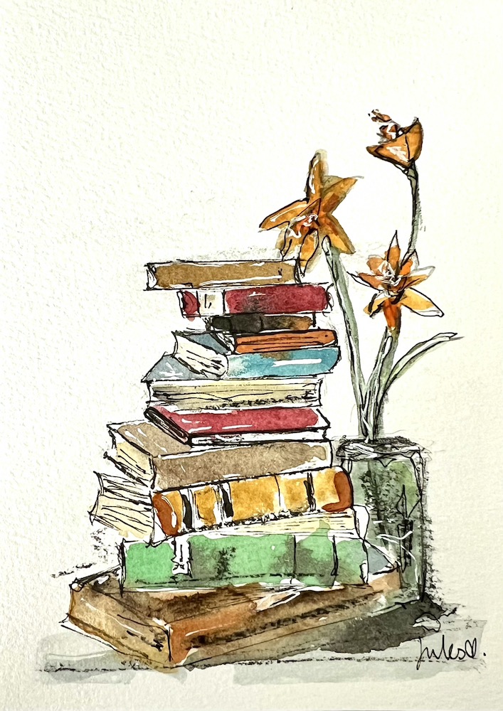 a line and wash piece of art featuring a stack of books next to a vase of flowers. Art by Jules Smith