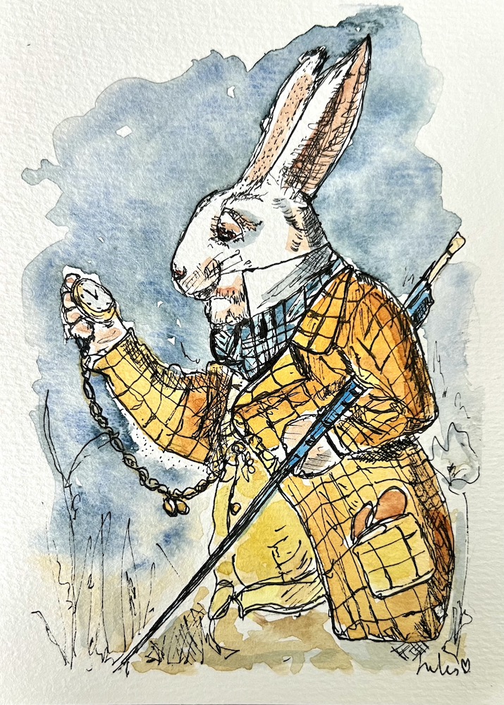A line and wash depiction of The White Rabbit in Alice in Wonderland looking at his watch. Art by Jules Smith 
