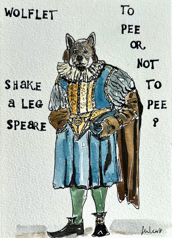 A drawing of a wolf dressed as William Shakespeare - line and wash art by Jules Smith