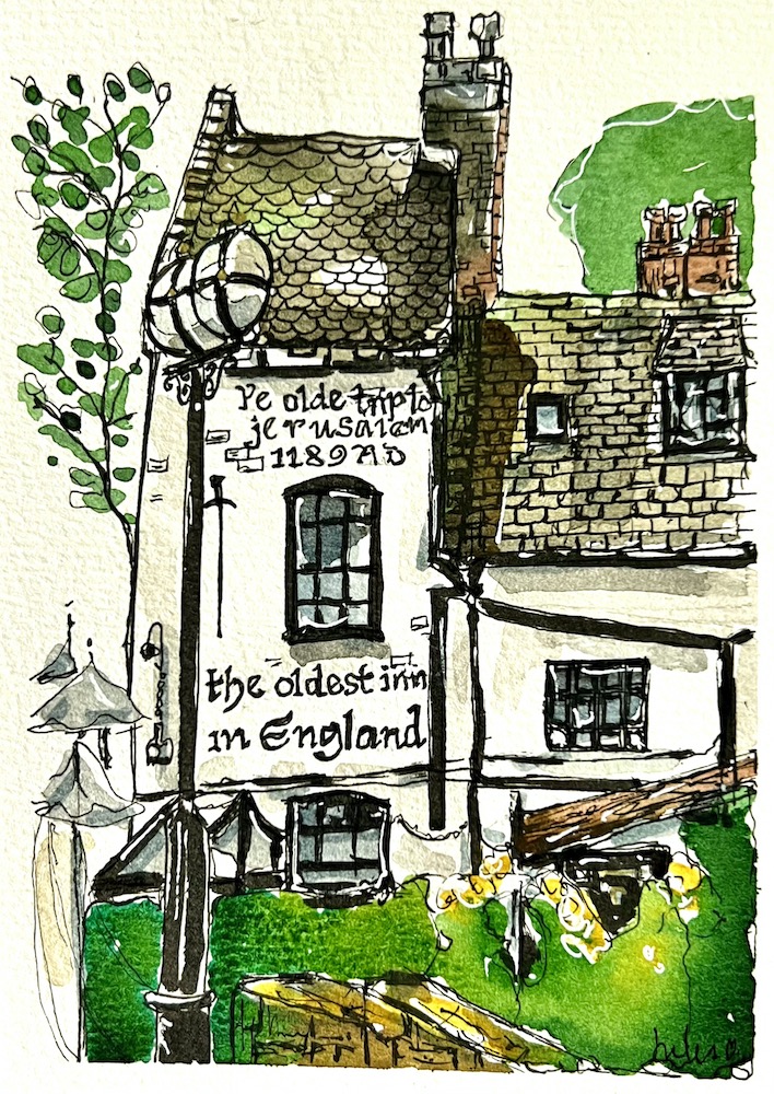 A line and wash depiction of Ye Olde Trip To Jerusalem, the oldest inn in England. Art by Jules Smith