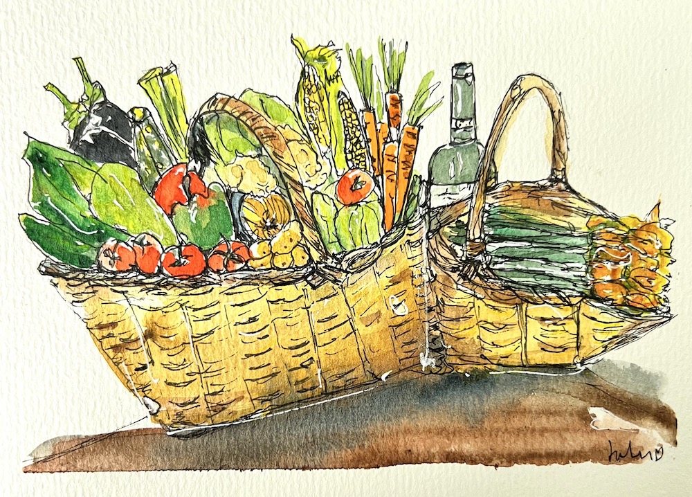 A basket of food  and a basket of flowers and a bottle of wine line and watercolour wash painting. Art by Jules Smith