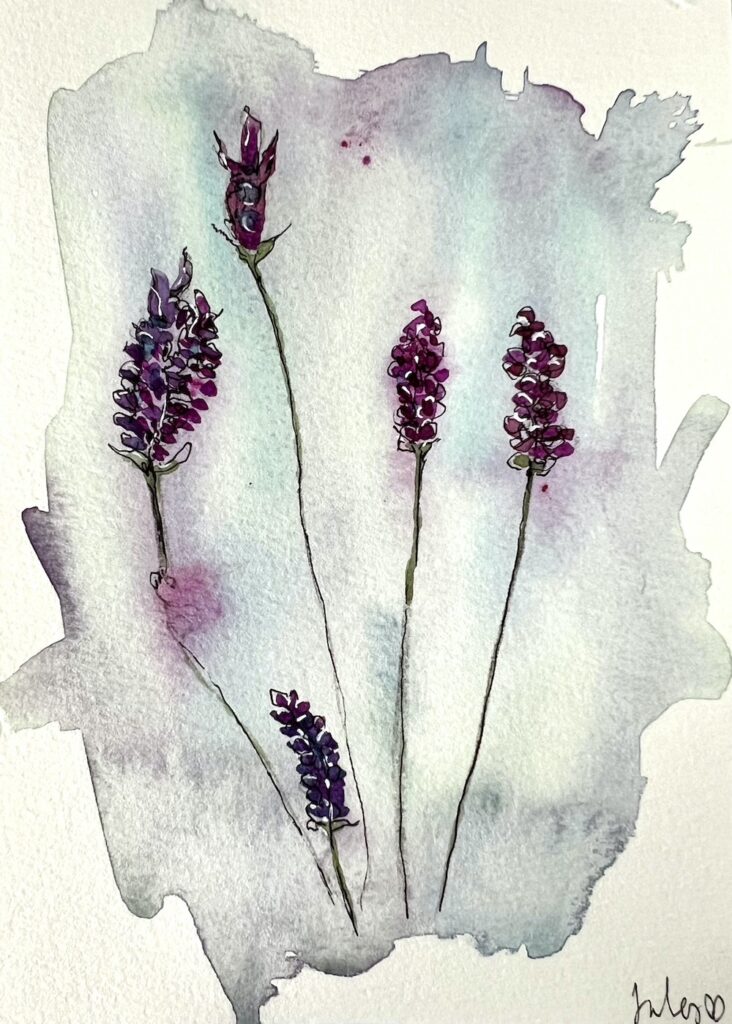 Watercolour lavender painting of singular lavender sprigs - art by Jules Smith