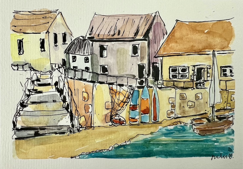 A painting of a seaside town in watercolour and pen. Art by Jules Smith